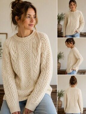 Vintage Irish Aran Sweater Blaney Woollen Mills Handknit Pure New Wool Cream